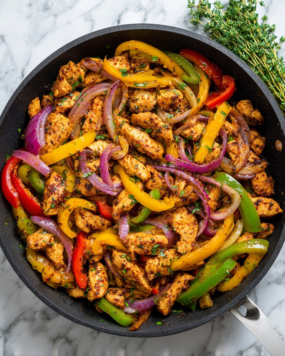 The image shows a black pan filled with cooked pieces of golden-brown chicken mixed with strips of red, yellow, and green bell peppers, as well as some cooked red onion slices. The chicken pieces are irregular in size and lightly charred, while the peppers and onions appear soft with some slight caramelization. The pan rests on a white marbled surface with a bunch of green parsley in the top right corner. photo taken with an iphone --ar 4:5 --v 7