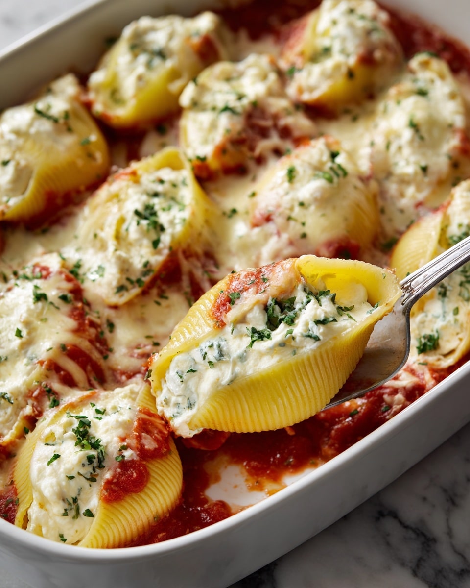 This image shows a white casserole dish filled with large yellow pasta shells stuffed with a creamy white cheese and green herb mixture, each shell topped with red tomato sauce and melted white mozzarella cheese. The shells are arranged closely, covering the dish, with some sauce visible underneath. Small green herb bits are sprinkled on top, adding color contrast. A silver serving spoon is lifting one stuffed shell, revealing the layers of pasta, cheese filling, sauce, and cheese on top. The dish is placed on a white marbled surface. Photo taken with an iphone --ar 4:5 --v 7