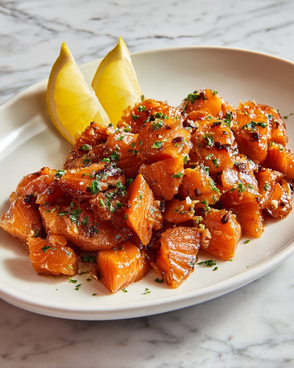 A white plate holds many pieces of cooked salmon, each piece orange with a crispy, slightly charred surface, stacked in layers and topped with small green parsley leaves scattered over the fish. Two lemon slices rest on the edge of the plate behind the salmon, adding a touch of pale yellow. The plate sits on a white marbled surface, and a dark out-of-focus object is in the background. Photo taken with an iphone --ar 4:5 --v 7