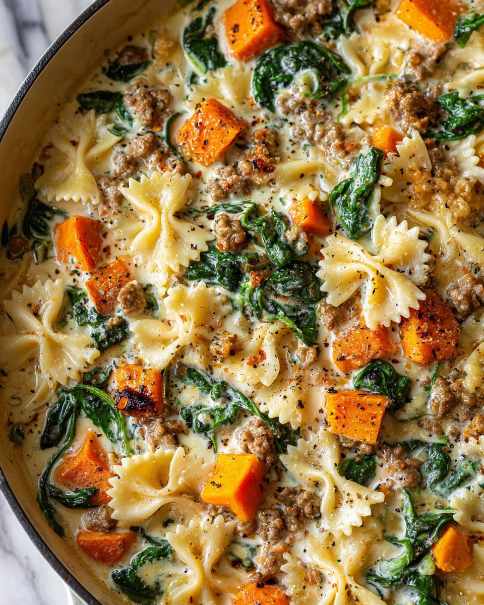 This is a close-up view of a cooked pasta dish in a pan, featuring three main layers. The bottom layer is a creamy white sauce with a smooth texture covering the pan’s base. Scattered evenly over it are bright orange cubes of roasted sweet potato, adding a slightly rough texture. Mixed in are small bits of brown cooked sausage pieces with a crumbly texture and dark green wilted spinach leaves that add color contrast throughout. On top, light yellow bowtie pasta pieces with slightly ruffled edges are spread evenly, some partially covered by the sauce and toppings. The dish is finished with a sprinkle of crushed red pepper flakes and black ground pepper, adding small specks of red and black across the surface. The pan is set on a white marbled surface. Photo taken with an iphone --ar 4:5 --v 7