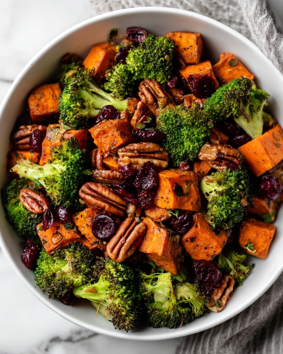 A close-up view of a white bowl filled with colorful roasted vegetables and nuts, showing about three layers of ingredients: the bottom layer is orange sweet potato cubes with a soft, slightly shiny texture; the middle layer is green broccoli florets with a slightly charred, textured surface; the top layer features whole brown pecans and small dark red dried cranberries scattered evenly on top. The bowl edges are slightly visible on the left and right, sitting on a white marbled surface. photo taken with an iphone --ar 4:5 --v 7