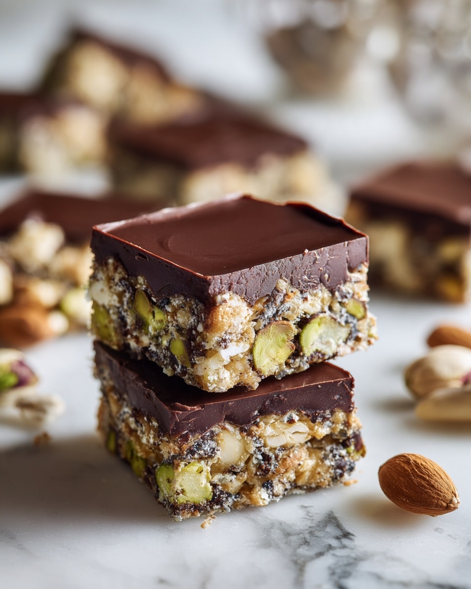 The image shows three square pieces of a layered chocolate dessert stacked on top of each other. Each piece has three visible layers: a thick, smooth dark chocolate layer on top, a middle layer filled with cream-colored biscuit pieces and green pistachio nuts mixed into a dark chocolate base, and a thin dark chocolate layer at the bottom. The texture of the biscuit pieces looks crunchy, contrasting with the rich chocolate, and small bits of pistachio add a pop of green throughout. The dessert squares are placed on a white marbled surface, with more pieces in the blurry background and a soft warm light enhancing the colors. photo taken with an iphone --ar 4:5 --v 7