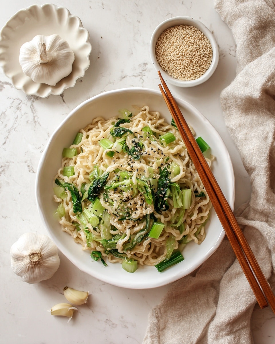 The image shows a bowl of noodles mixed with green vegetables like chopped scallions and leafy greens. The noodles are light beige and curly, with green pieces scattered evenly on top and mixed throughout. On the white bowl’s edge lie a pair of thin wooden chopsticks resting diagonally. Around the bowl on a white marbled surface lie a small white plate with sesame seeds and chopped scallions, a small white scalloped dish with cloves of garlic, a whole bulb of garlic, and a beige cloth casually placed. The lighting is soft and natural, casting gentle shadows. Photo taken with an iphone --ar 4:5 --v 7