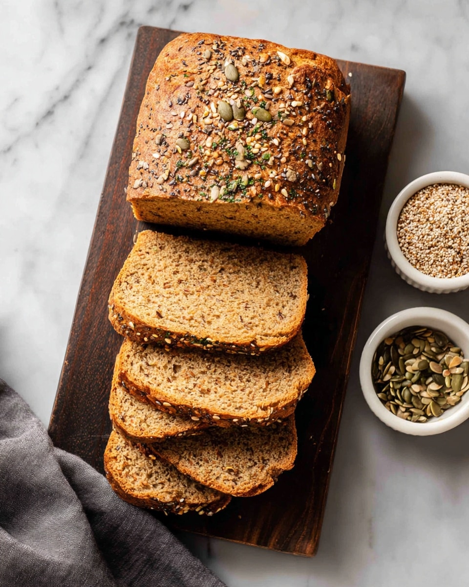 The image shows a loaf of seeded bread partially sliced into five pieces, arranged overlapping each other on a dark wooden board. The bread has a golden-brown crust with visible seeds like pumpkin and sesame scattered on top and inside the soft, light tan interior. There is a white marbled surface beneath and around the board. A gray cloth is casually placed to the right side of the board, and a small dark bowl filled with seeds sits next to it. Photo taken with an iphone --ar 4:5 --v 7