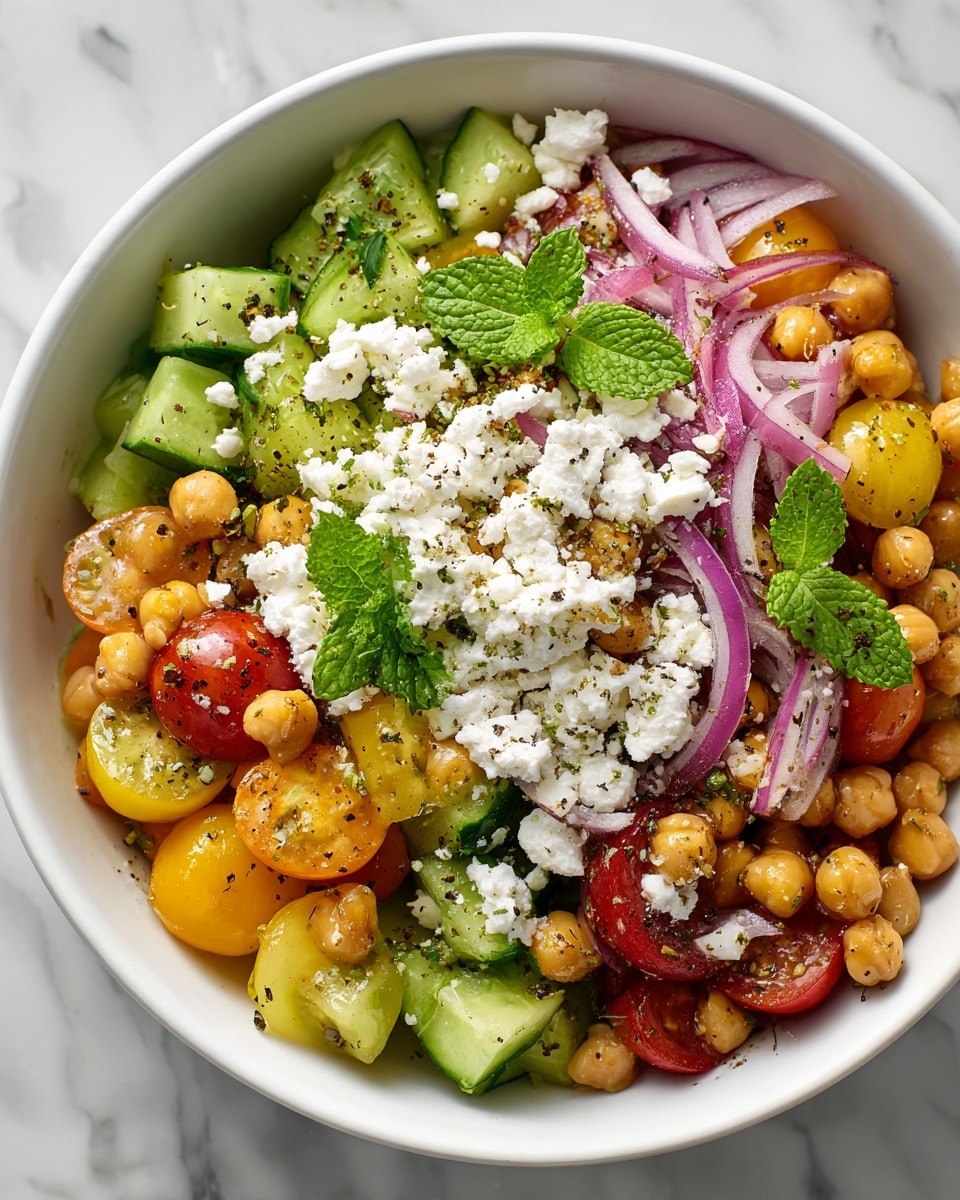 A white bowl with a light brown rim holds a colorful salad made of several layers: at the base, chopped green cucumber pieces with a smooth texture, bright red and yellow cherry tomatoes both whole and halved, and small round beige chickpeas scattered throughout. Mixed in are thin slices of red onion and small white cheese crumbles, dotted all over. Fresh green mint leaves sit on top, adding a touch of vibrant color. The salad is lightly sprinkled with black pepper and herbs, giving it a speckled texture. The bowl rests on a white marbled surface. photo taken with an iphone --ar 4:5 --v 7