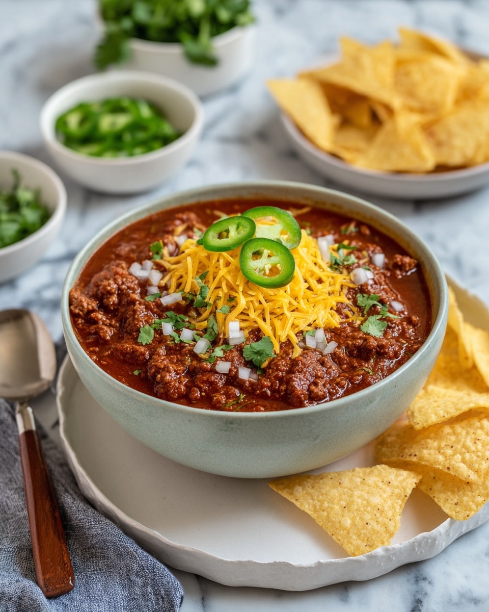 A bowl filled with rich, dark red chili showing tender shredded meat in the center, topped with bright yellow shredded cheddar cheese scattered across the surface, small white onion pieces, and fresh green cilantro leaves. Two round green jalapeño slices sit on top near the edge. The bowl rests on a white marbled surface with two large white tortilla chips and one blue corn tortilla chip placed inside the bowl on the right side. Beside the bowl is a spoon with a wooden handle. In the background, there are small bowls holding fresh green chopped cilantro and sliced green jalapeños. Photo taken with an iphone --ar 4:5 --v 7