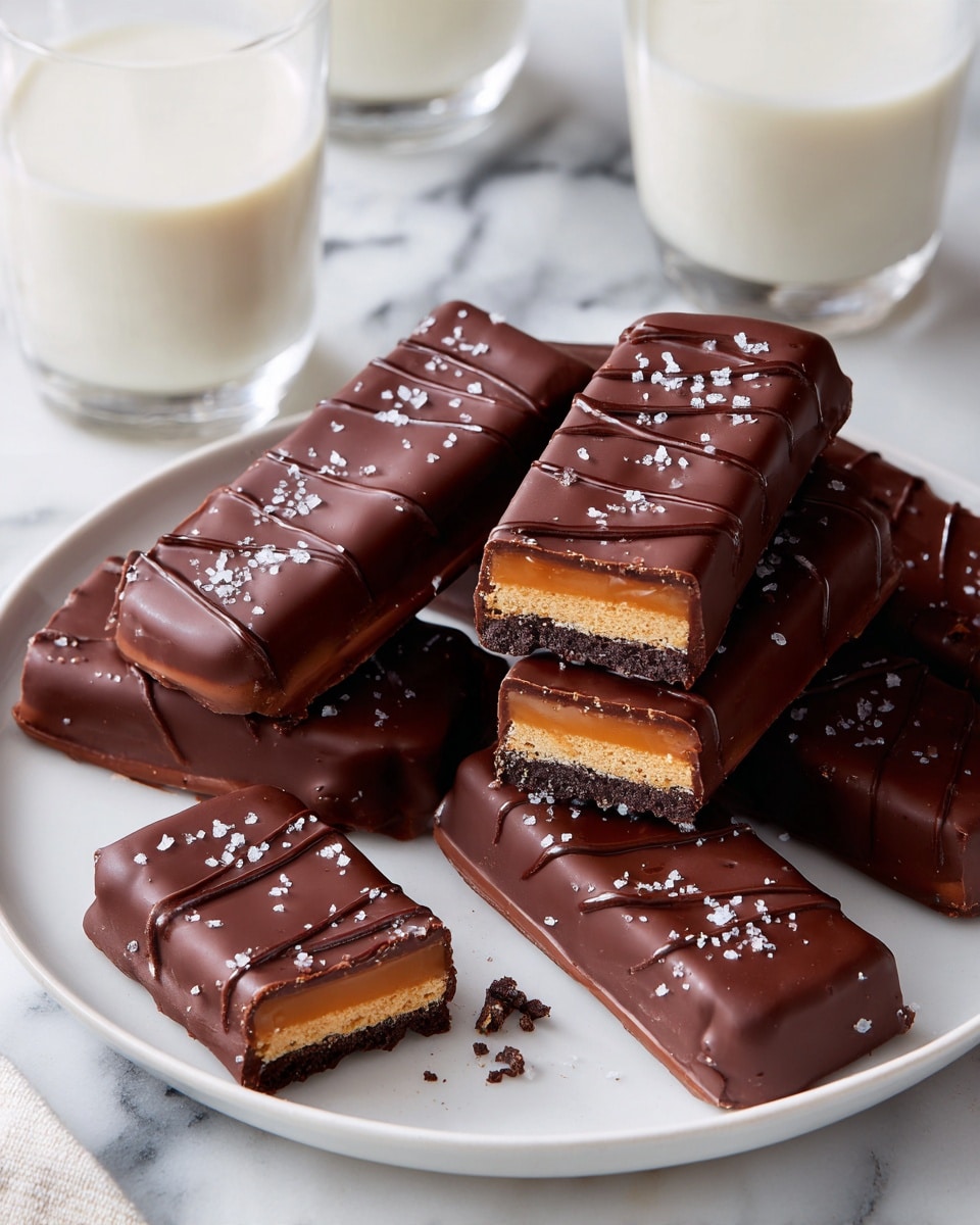 A round white plate holds a stack of rectangular chocolate bars, each covered in a smooth, shiny dark chocolate layer with some topped by thin, wavy chocolate drizzles and a small sprinkle of white sea salt. One chocolate bar is shown broken in half, revealing two dark brown cookie layers sandwiching a light brown creamy filling. The plate rests on a white marbled surface, with soft white candles and stacks of brown and white dishes visible blurred in the background. Photo taken with an iphone --ar 4:5 --v 7