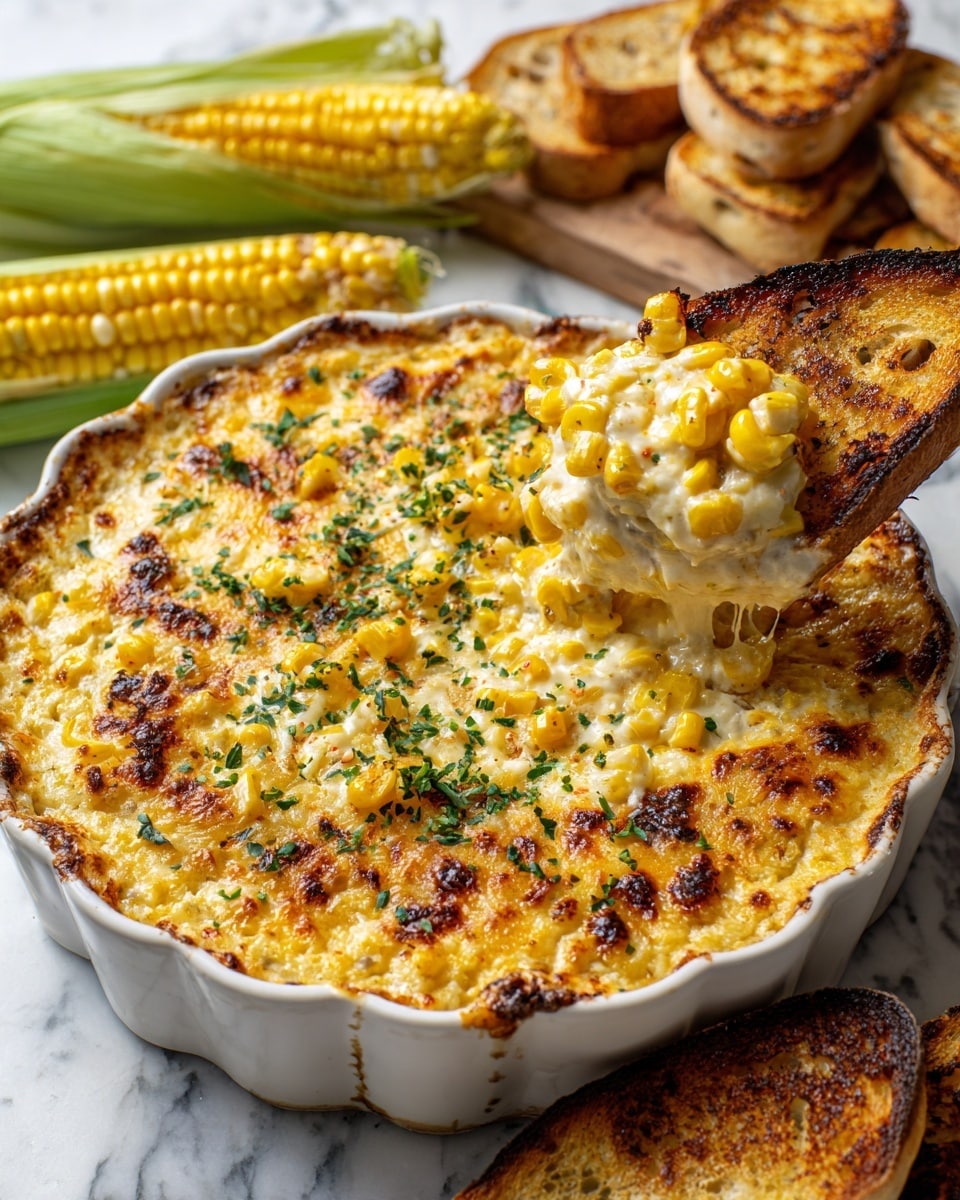 A white round dish holds a creamy baked corn dip with a golden yellow and light brown top layer showing toasted spots and sprinkled with small green herb pieces. In the carved-out part is a dollop of creamy, pale yellow layer mixed with bright yellow corn kernels and topped with a slice of green jalapeño pepper, next to a piece of golden toasted bread resting inside the dish. The dish is placed on a wooden surface with blurred corn ears in the background, and everything is set on a white marbled texture. photo taken with an iphone --ar 4:5 --v 7