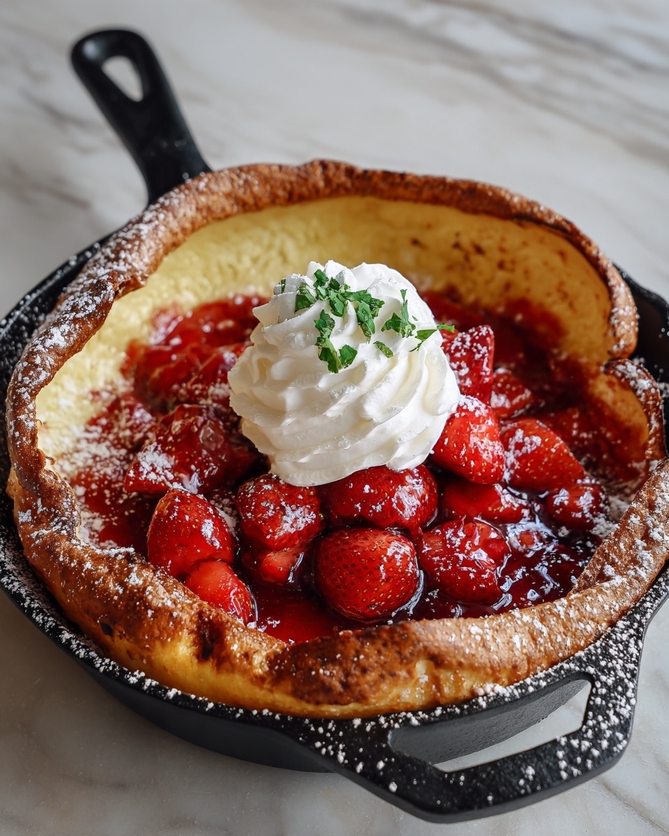 A golden brown pancake with thick, puffy edges sits in a black cast iron pan on a white marbled surface. In the center, there is a layer of bright red strawberry sauce with whole and halved strawberries, giving a shiny, juicy look. On top of the strawberries, there is a swirl of white whipped cream with a small green herb garnish. A light dusting of powdered sugar is scattered over the entire dish, adding a soft white contrast to the warm colors photo taken with an iphone --ar 4:5 --v 7