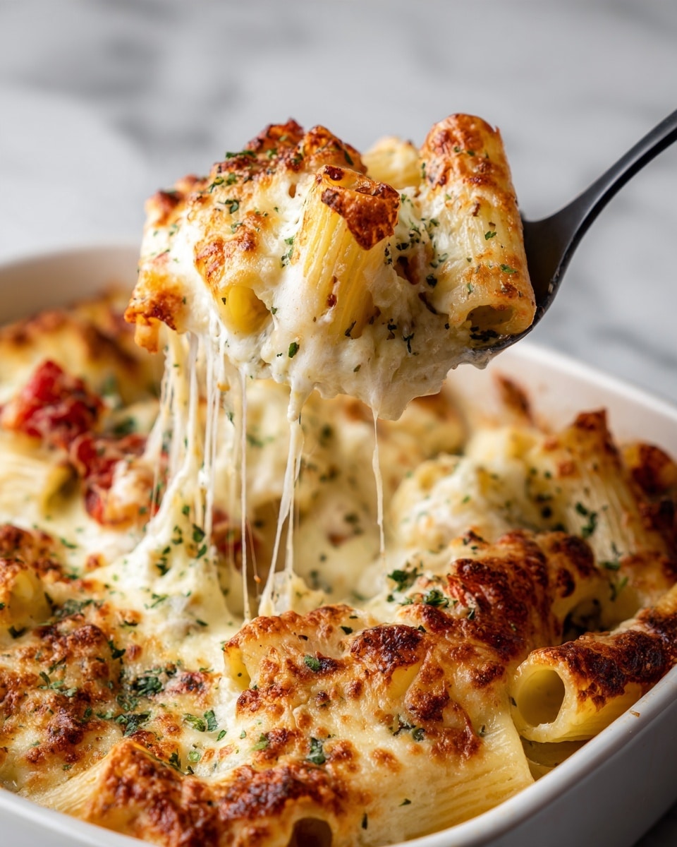 A close-up view of a black spoon lifting rigatoni pasta layered in a white bowl with baked melted cheese stretching from the pasta to the spoon. The rigatoni pasta is golden yellow with visible bits of red tomato and green spinach mixed throughout. The top layer of the pasta is covered with bubbly and slightly browned melted cheese. The white marbled surface underneath contrasts with the warm colors of the dish. photo taken with an iphone --ar 4:5 --v 7