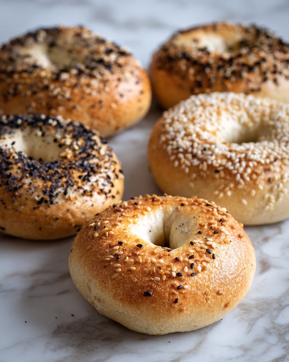 The image shows a close-up of a half-eaten round bagel with a golden brown crust sprinkled with white sesame seeds, black sesame seeds, and small pieces of dried garlic and onion, giving a speckled texture. The inside of the bagel is soft and fluffy, displaying a light beige color with a porous texture. The bagel rests on light brown parchment paper with scattered sesame seeds and seasoning bits around it. Other whole bagels with the same golden, seeded crust are partially visible in the background. The whole scene sits on a white marbled surface. photo taken with an iphone --ar 4:5 --v 7