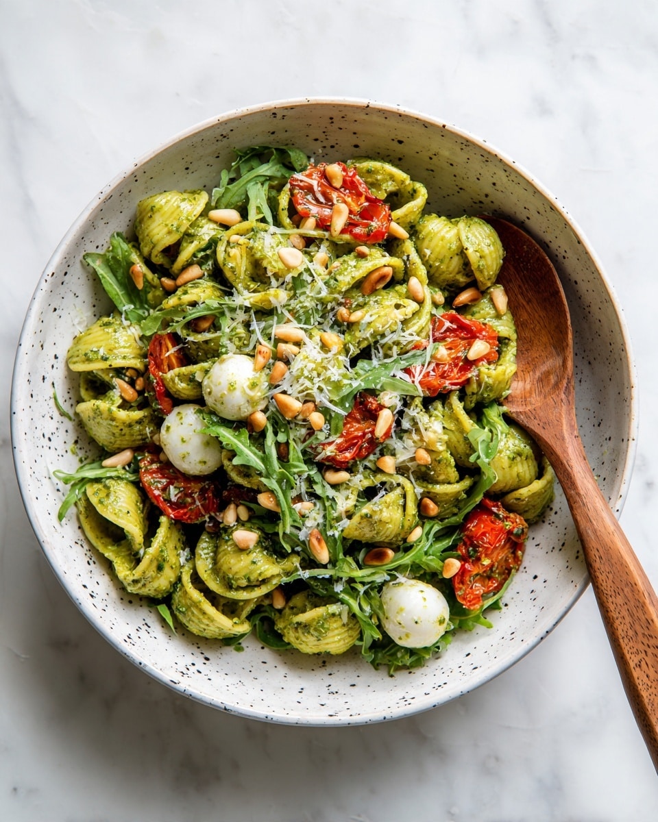 The image shows a white bowl with black spots filled with a colorful pasta salad. The bottom layer has short twisted pasta coated in green pesto sauce. On top, bright red tomato pieces and green leafy herbs are spread all around. There are also small white mozzarella balls mixed in. The dish is sprinkled with tiny tan pine nuts and white grated cheese. A wooden spoon is placed inside the bowl. The bowl sits on a white marbled surface. photo taken with an iphone --ar 4:5 --v 7