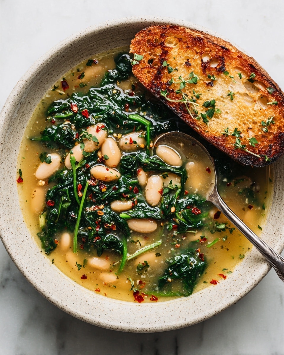 A close-up of a bowl filled with warm soup showing several layers: the bottom layer is a clear golden broth with small oil droplets, above it are plump white beans scattered across the surface, bright green spinach leaves floating gently among the beans, and finely chopped fresh rosemary sprinkled in the center with a few red chili flakes dotting the soup for a spicy touch. On the right edge of the bowl rests a toasted slice of bread with a crispy golden-brown crust. The bowl is white and sits on a white marbled surface. A golden spoon is partially immersed in the soup, catching the light photo taken with an iphone --ar 4:5 --v 7