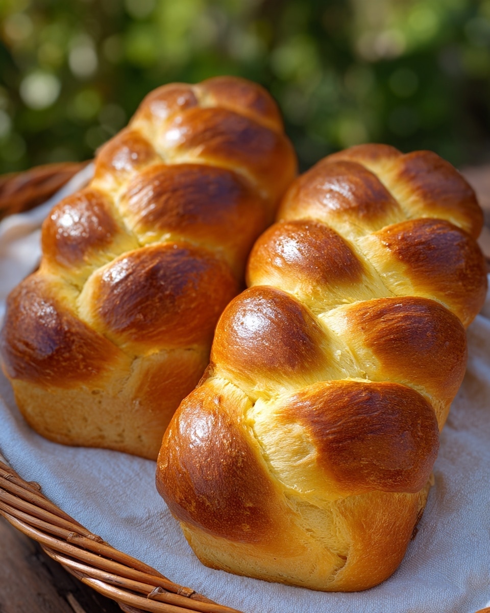 The image shows two golden brown braided loaves of bread with a shiny, smooth crust that has a rich, deep brown color on the rounded, raised sections of the braid. The bread has a soft, light yellow interior visible between the braids. The loaves are placed close together on a white marbled surface with some woven basket texture partially visible on one side. The lighting highlights the glossy surface and soft texture of the bread, making it look fresh and warm. Photo taken with an iphone --ar 4:5 --v 7