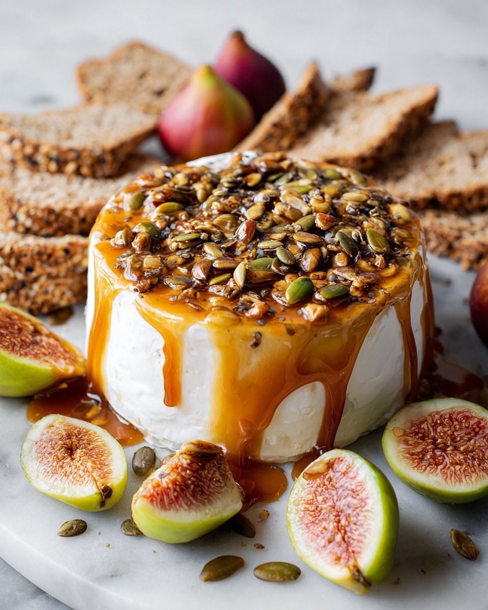 A round white cheese wheel with a smooth, soft white rind is topped with a thick shiny layer of amber-colored caramel sauce and a generous pile of mixed toasted seeds including pumpkin seeds and nuts, all glistening with a sticky glaze. Around the cheese, there are halved figs showing pink, seedy interiors, whole green-striped figs, thick slices of red-skinned fruit, and various slices of seeded, dark multigrain bread. The entire scene is set on a white marbled surface with soft lighting highlighting the rich textures and colors. photo taken with an iphone --ar 4:5 --v 7