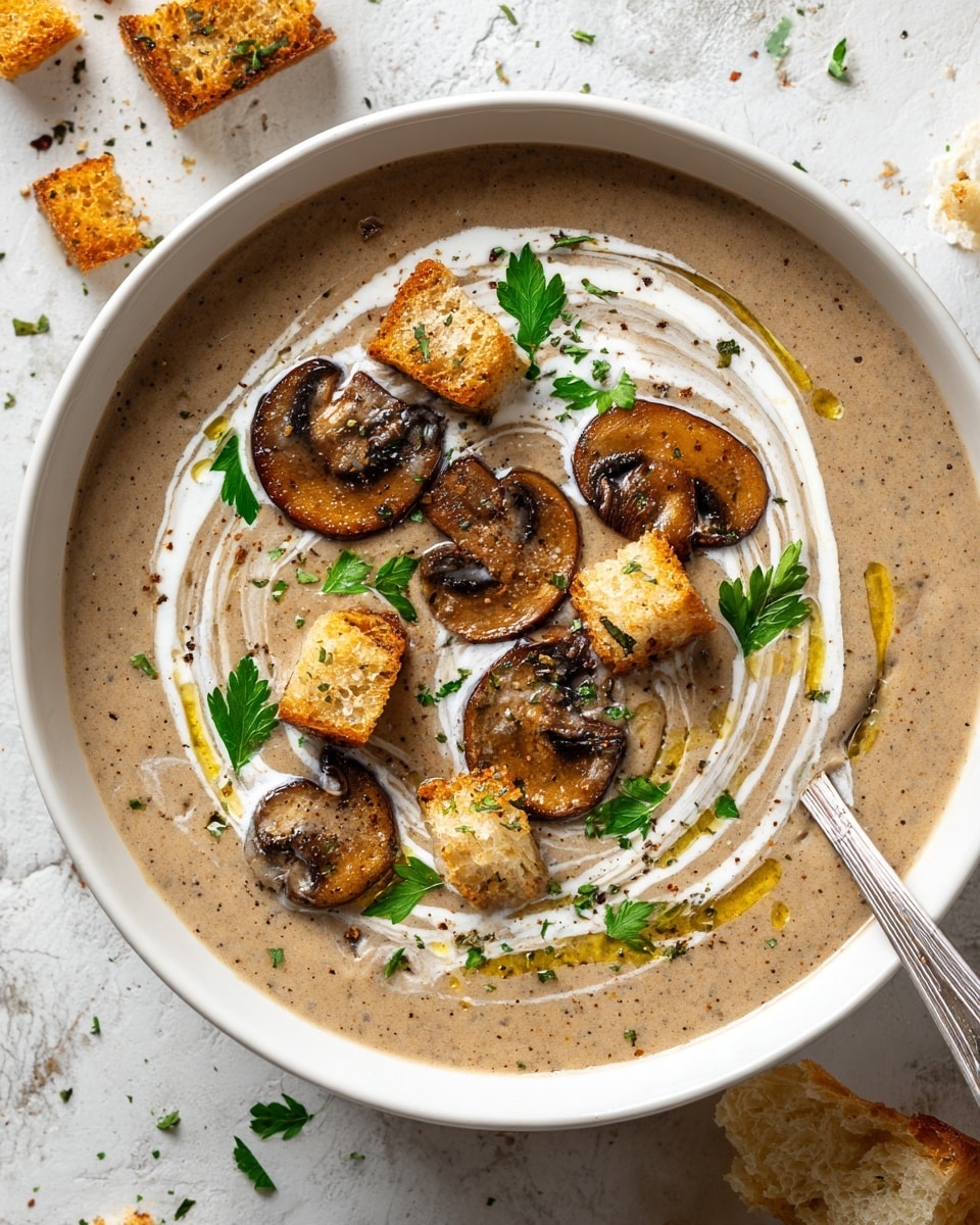 A white bowl filled with smooth, light brown mushroom soup has a swirl of white cream on top. There are several small, golden-brown roasted mushroom slices floated on the surface, along with tiny light brown croutons scattered around and a few small sprigs of fresh green parsley for color. A silver spoon is placed inside the bowl on the left side. Part of a buttered bread piece is visible at the bottom right, resting on a white marbled surface under soft lighting. photo taken with an iphone --ar 4:5 --v 7