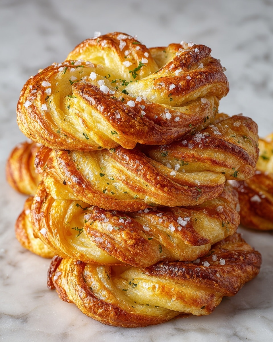 The image shows a close-up of several golden-brown twisted breadsticks piled together on a white marbled surface. Each breadstick has a crunchy texture with crispy edges and is twisted into a spiral shape. The breadsticks are sprinkled with finely chopped green herbs and coarse salt, which add color contrast and texture. The baked dough looks flaky with a slightly shiny surface from melted cheese or butter, and parts are deeply browned, showing a well-toasted finish. Photo taken with an iphone --ar 4:5 --v 7