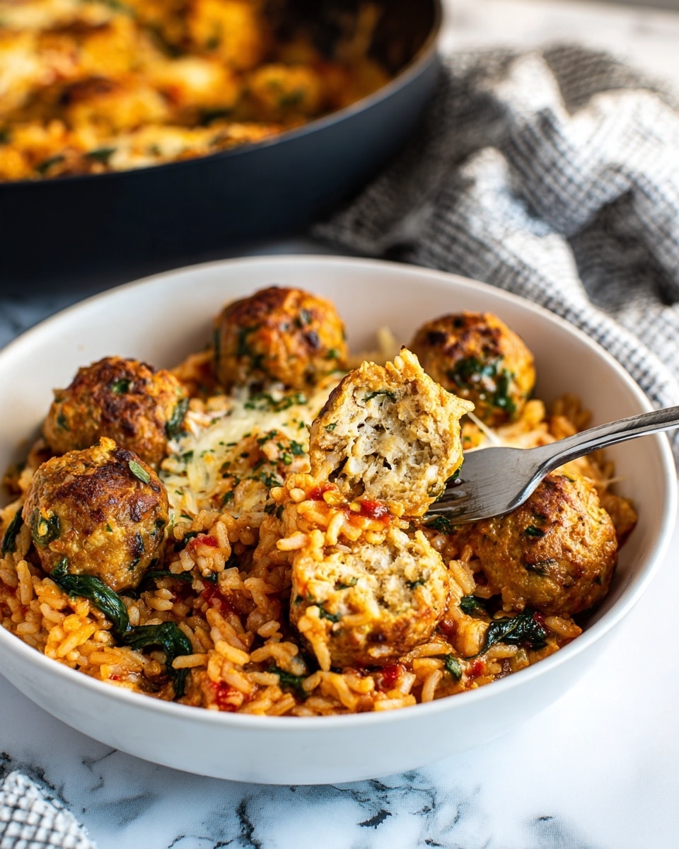 A white bowl filled with a creamy orange rice dish mixed with green spinach leaves. There are round, light brown meatballs scattered in the rice, and one meatball is cut open, showing a soft inside. A silver fork is placed on the right side of the bowl, touching the cut meatball. Some grated cheese and red spice flakes are sprinkled on top. In the background, there is a black pan with more of the same rice dish, sitting on a white marbled surface next to a white towel with brown stripes. photo taken with an iphone --ar 4:5 --v 7