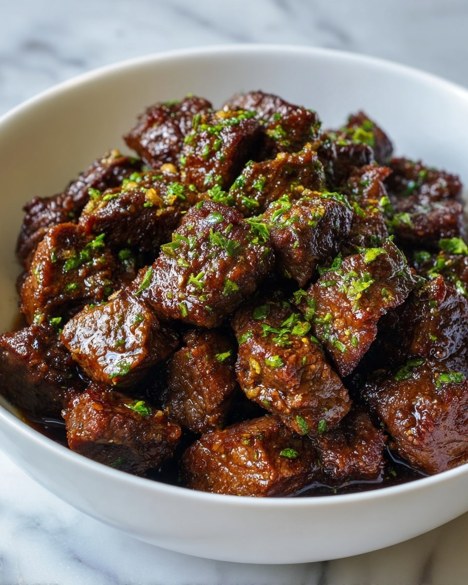 The image shows a white bowl filled with many pieces of cooked beef chunks that are dark brown with a shiny surface, indicating they are well-cooked and juicy. The beef pieces are stacked closely together in the bowl, and the dish is garnished with small bright green chopped herbs scattered evenly on top and around the beef. There is some light golden oil pooled at the bottom of the bowl, adding a slight glisten to the meat. The bowl is placed on a white marbled surface, giving a clean and bright look to the photo. photo taken with an iphone --ar 4:5 --v 7