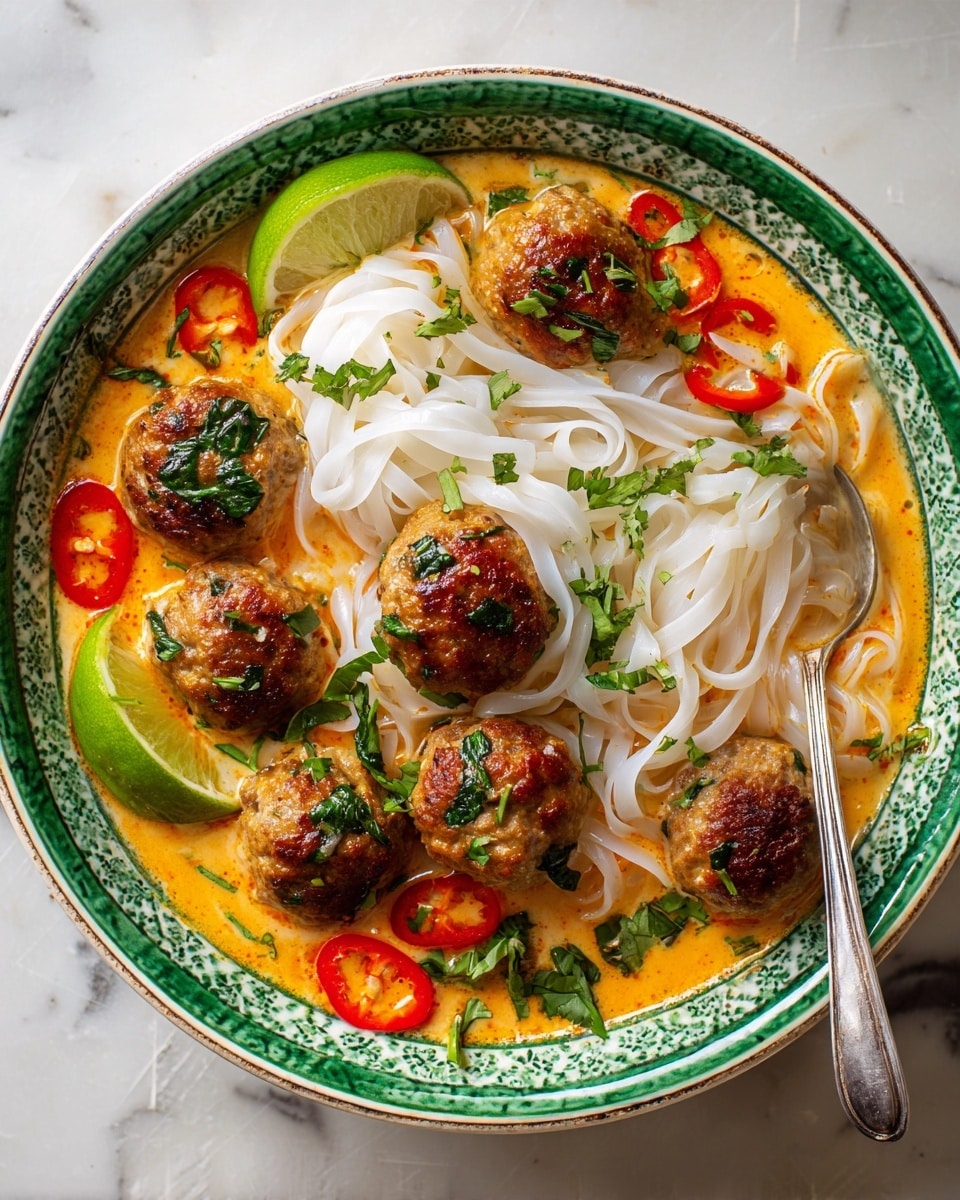A white bowl with a green speckled rim holds a layered dish starting with a base of thin, white rice noodles. On top of the noodles are six browned, round meat patties with a slightly crispy texture and green herb bits on them. The bowl is filled with an orange creamy broth that surrounds the noodles and patties. Red bell pepper slices are scattered in the broth around the patties. Fresh green herbs, including mint leaves, are sprinkled on top and in the broth. A lime wedge rests on the noodles at the top right side of the bowl. A silver spoon is partially visible on the right side, resting in the bowl. The bowl sits on a wooden surface, but the background is changed to a white marbled texture. photo taken with an iphone --ar 4:5 --v 7