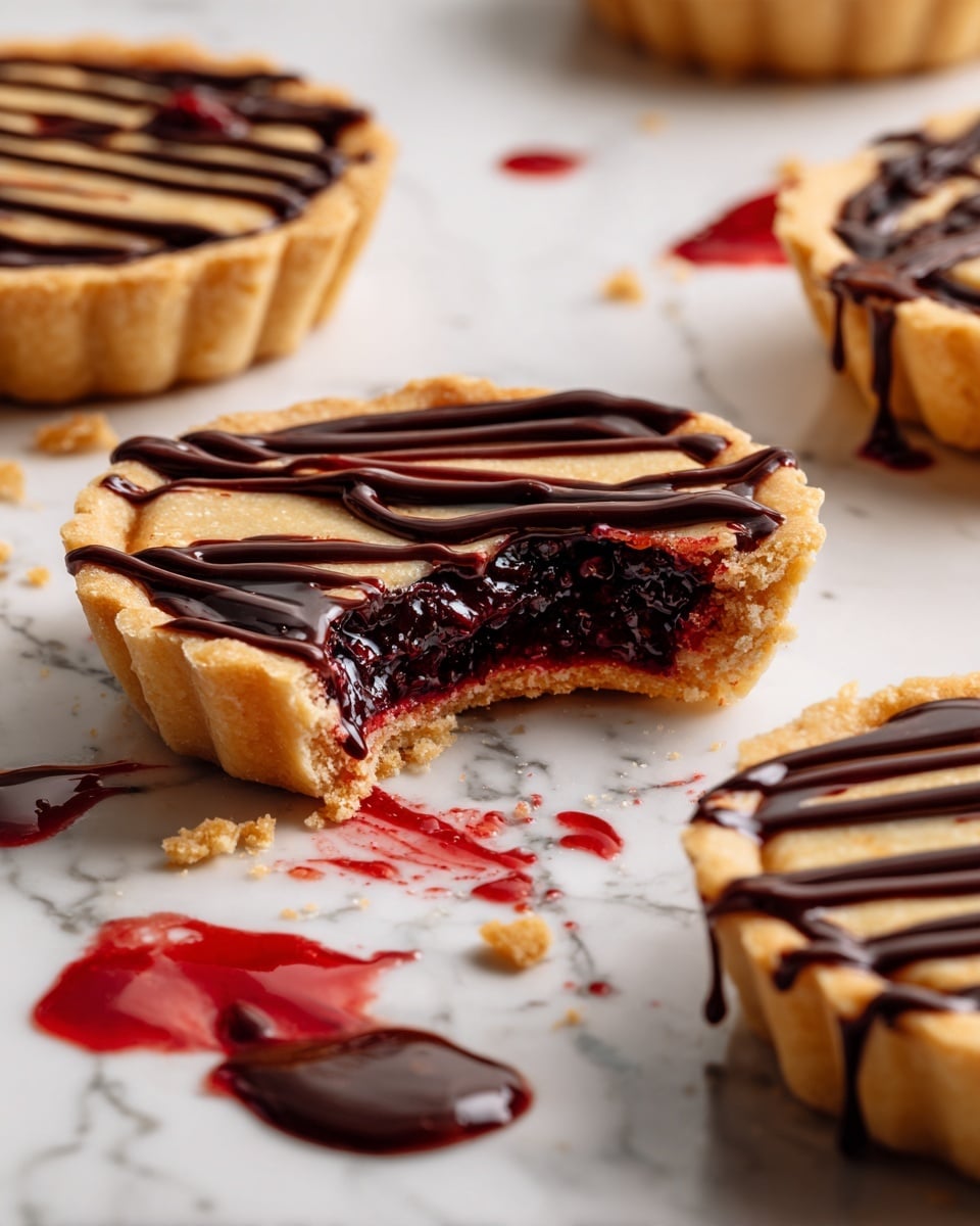 The image shows a rustic small tart with a golden, flaky crust forming the first layer. Inside, the second layer is filled with a dark red berry mixture with visible whole berries that have a soft, juicy texture. The top layer features fine drizzles of glossy, dark brown chocolate sauce over the berries and crust. One section of the tart is broken apart, revealing the inside with the berry filling and chocolate, placed on a white marbled surface stained with berry juice and bits of crust. Photo taken with an iphone --ar 4:5 --v 7