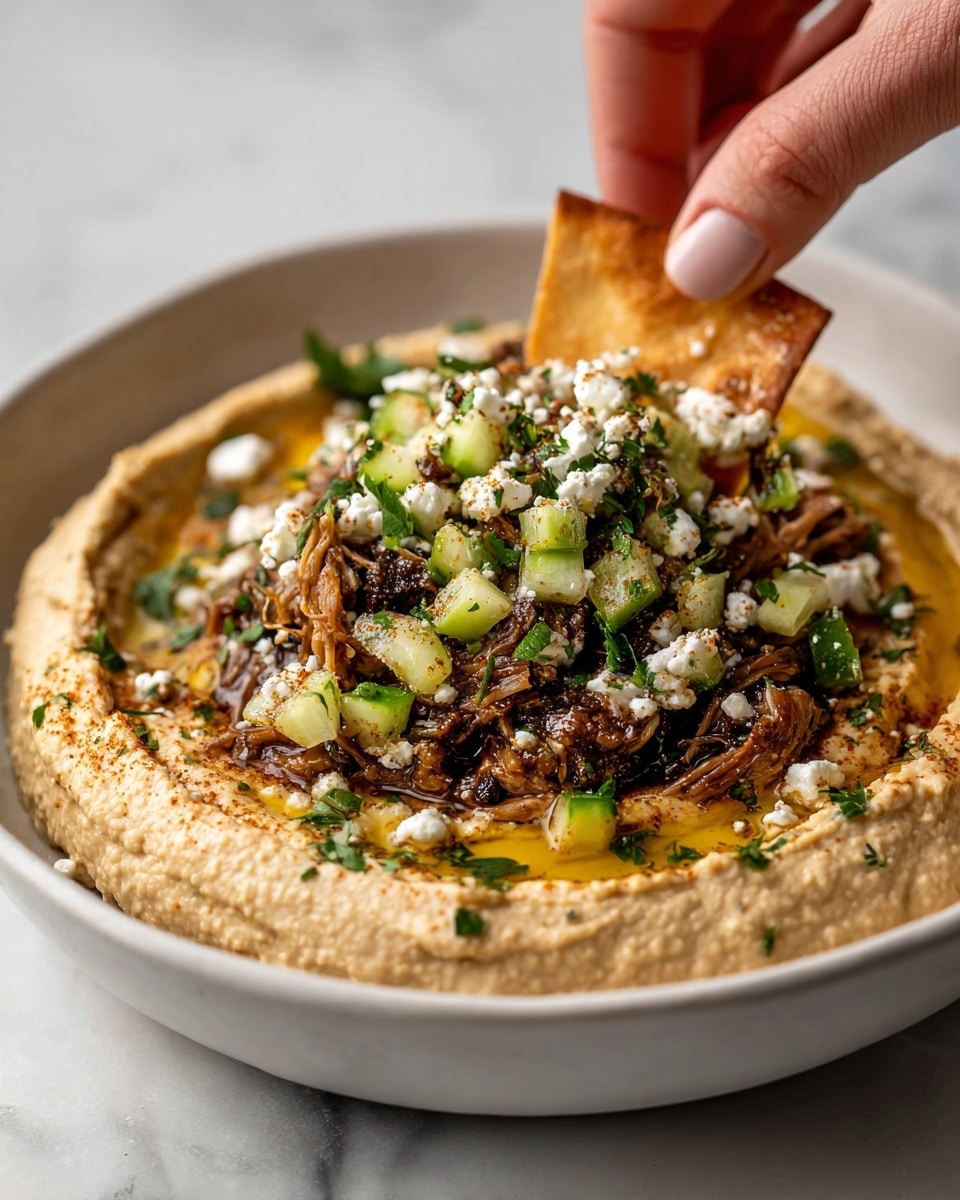 A close-up of a white bowl filled with a thick, creamy beige hummus base layer that has a swirled texture. On top of the hummus, there is a generous mound of dark brown shredded meat mixed with small chunks of green cucumber and sprinkled with bright green chopped herbs and white crumbly cheese. The hummus is also drizzled lightly with golden olive oil. A woman’s hand is holding a piece of toasted pita bread dipped in the meat topping on the right side of the image. The bowl sits on a white marbled surface with some lemon wedges in the blurred background. Photo taken with an iphone --ar 4:5 --v 7