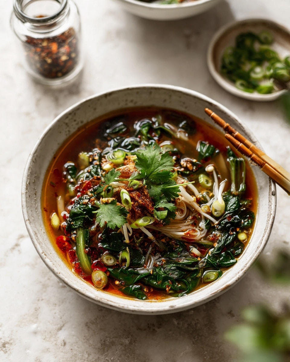 A white bowl filled with clear broth soup, topped with bright green cilantro leaves scattered on the surface. Inside the soup, there are thin white mushroom stems mostly submerged, with some green herbs and small pieces of red chili floating. Brown crispy bits are sprinkled in the center on top of the herbs. A pair of light wooden chopsticks rest on the bowl's edge, angled into the soup. The bowl sits on a white marbled surface with blurred green and red glass jars in the background. photo taken with an iphone --ar 4:5 --v 7