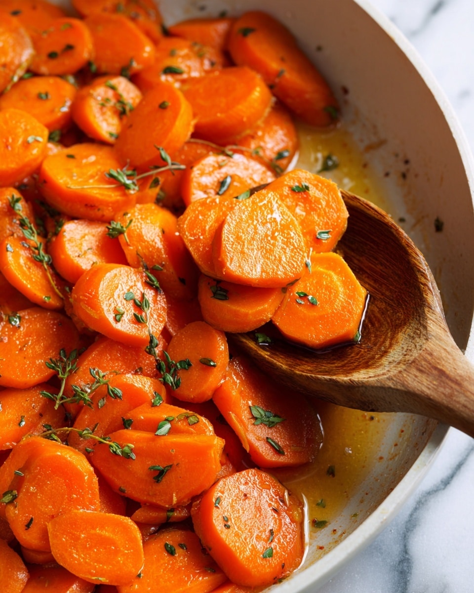The image shows a close-up view of many round carrot slices in a white pan. The carrot slices are bright orange with a shiny, slightly moist texture. Small green herbs are sprinkled on the carrots evenly. A wooden spoon is seen on the right side, holding some carrot slices. The pan has a smooth surface, and the whole scene has a warm, cooked food look. Photo taken with an iphone --ar 4:5 --v 7