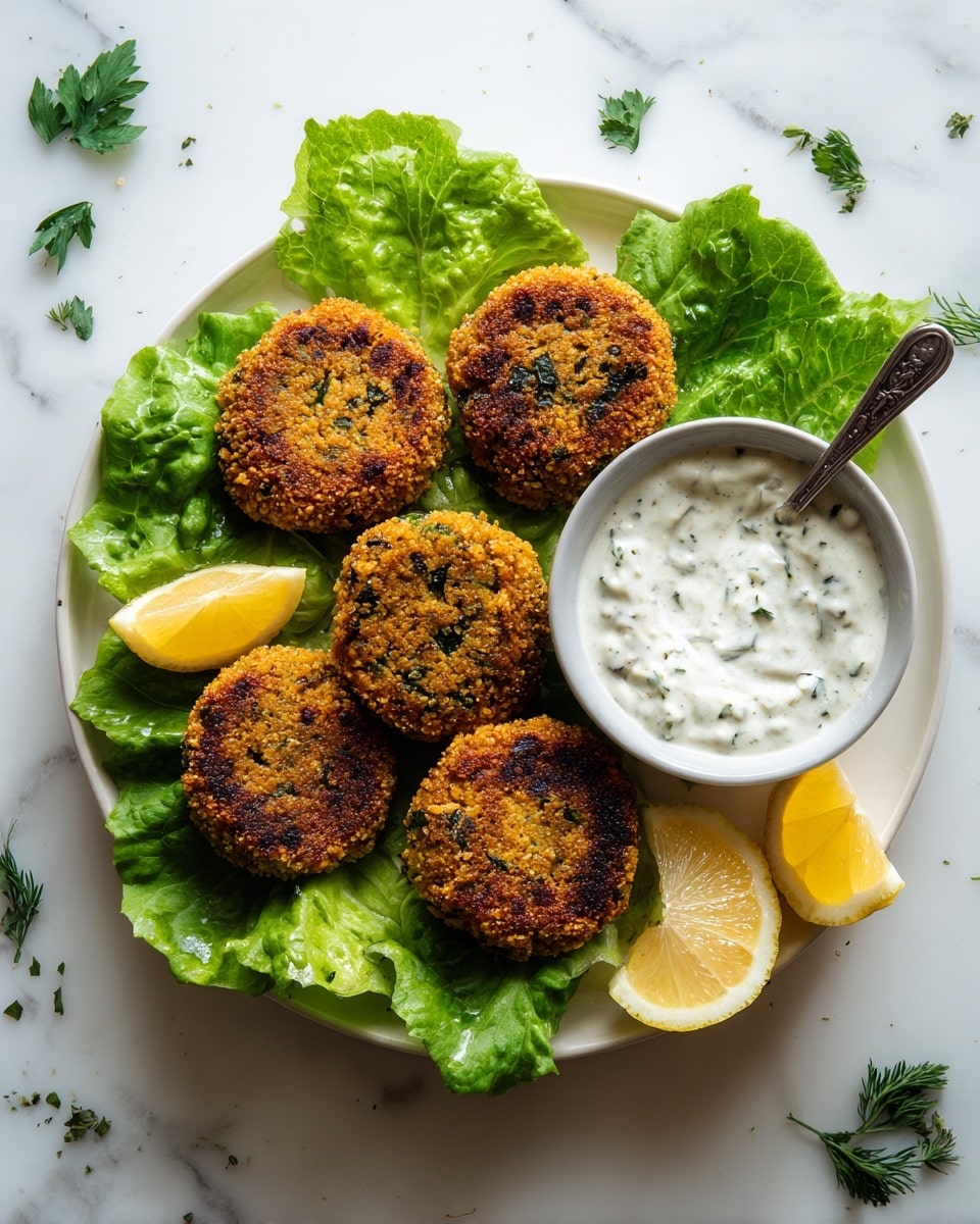 On a white plate, there are five round, golden-brown patties with a crispy texture, each topped with small green herb pieces. Underneath some patties are bright green lettuce leaves that add a fresh layer. To the right side of the plate, there are three lemon wedges arranged next to a small white bowl filled with white sauce speckled with green herbs, with a black spoon resting inside the bowl. The background shows a white marbled surface with scattered sprigs of parsley and dill, and a whole lemon and a lemon half at the top left corner. Photo taken with an iphone --ar 4:5 --v 7