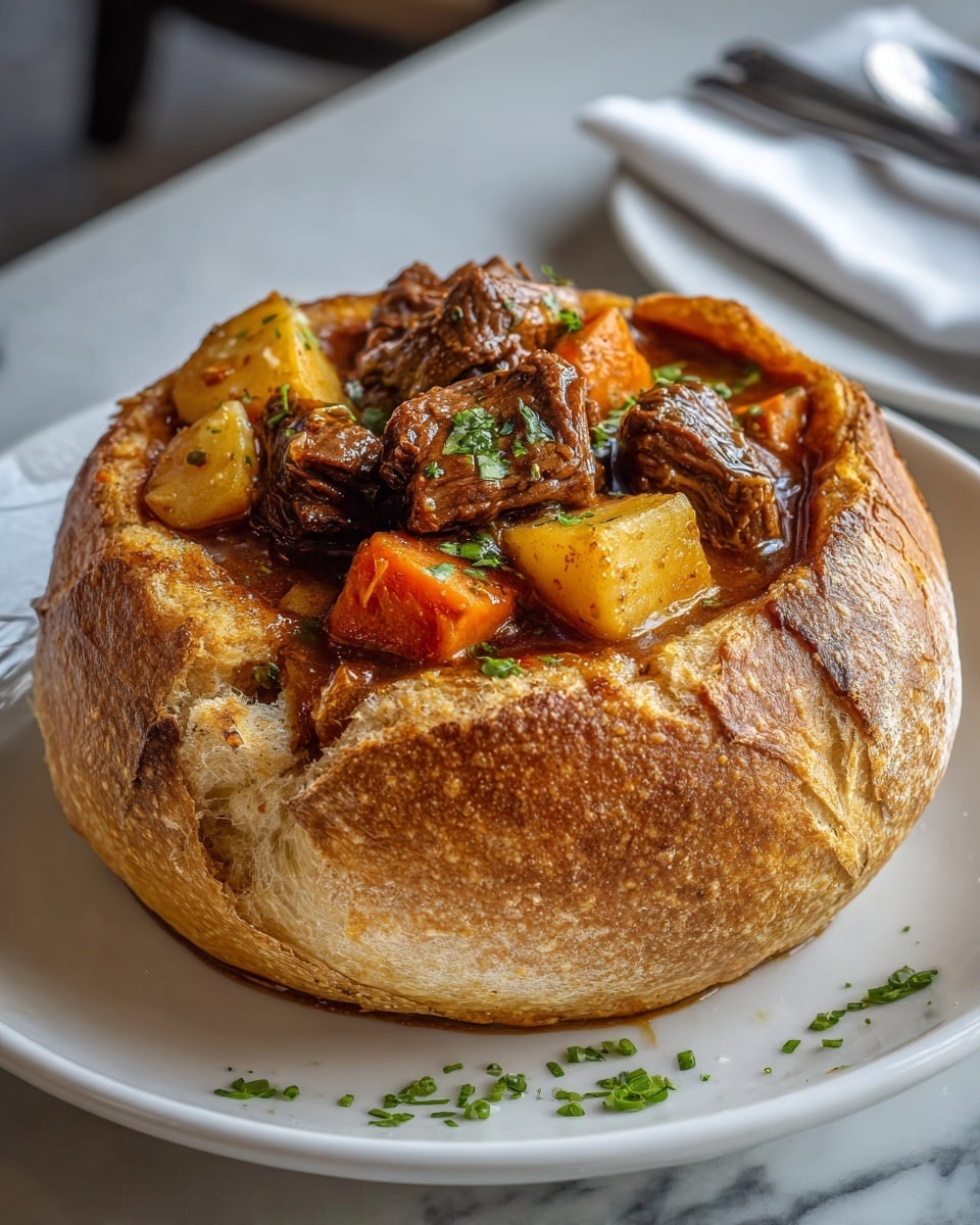 A round loaf of brown bread with a thick, crispy crust is hollowed out at the top, revealing a stew inside. The stew shows chunky pieces of dark brown meat mixed with yellowish-white potato cubes and bright orange carrot chunks, all coated in a rich brown sauce. Some green herbs are sprinkled on top of the stew, adding a fresh touch. The bread bowl sits on a clean white marbled surface with a small pumpkin and some scattered green herbs visible in the blurred background. photo taken with an iphone --ar 4:5 --v 7