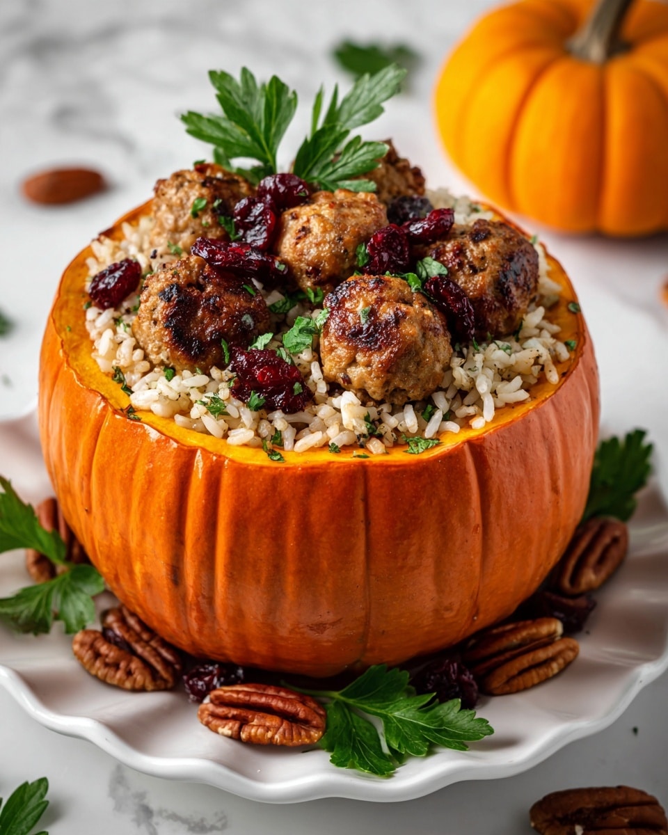A round, hollowed-out orange pumpkin filled with a layered mixture that includes brown meatballs, white and wild rice, dark red dried cranberries, and brown pecan halves, all topped with fresh green parsley leaves. The pumpkin sits on a white scalloped plate, placed on a white marbled surface with scattered pecan halves and small green parsley leaves around it. The pumpkin’s outer skin is smooth and bright orange, with its inner flesh a softer yellow-orange color showing clearly around the filling edges. Photo taken with an iphone --ar 4:5 --v 7