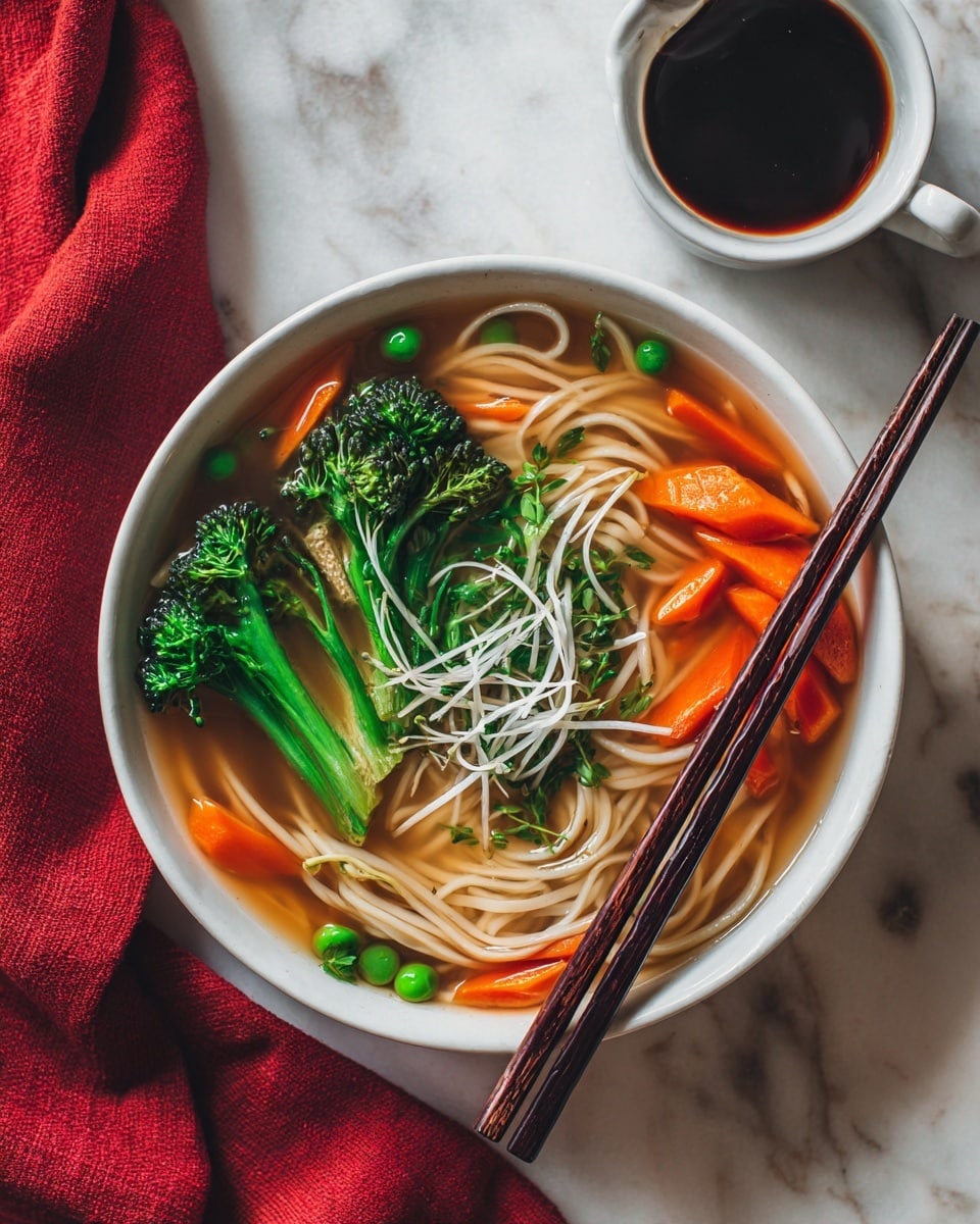A white bowl filled with clear orange broth containing flat white noodles spread around the bottom. On top are bright green broccoli florets, orange carrot slices, and white bean sprouts with yellow tips, all layered in the center. Small green onion pieces are scattered in the broth and on the noodles. Dark brown wooden chopsticks rest on the right edge of the bowl. A cup with dark coffee sits in the top left corner. The bowl is placed on a white marbled surface with a folded red cloth napkin to the right. Photo taken with an iphone --ar 4:5 --v 7