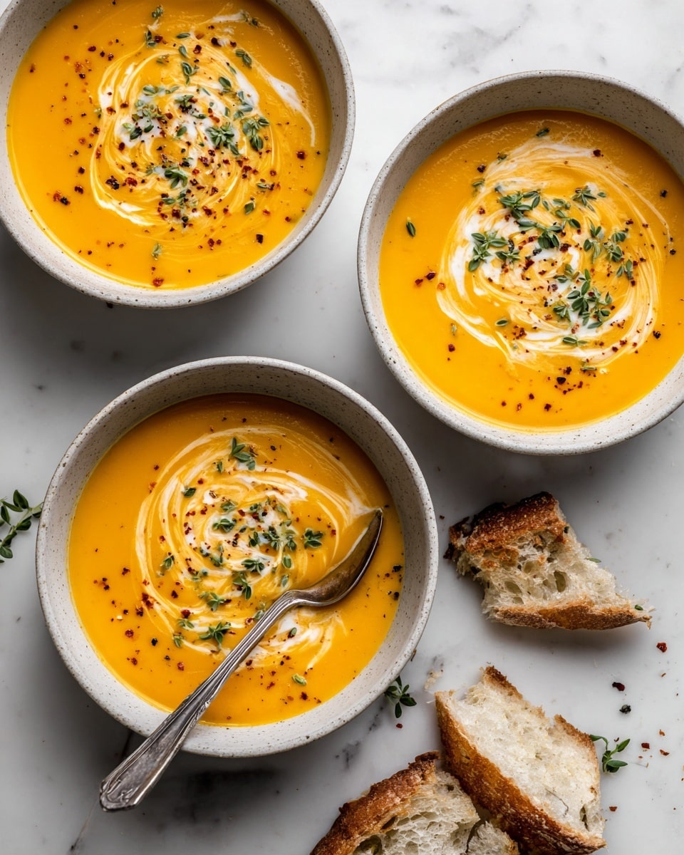 Three grey bowls are filled with smooth, orange soup topped with swirls of white cream, small green parsley bits, and black pepper specks. One bowl has a silver spoon resting inside it. Around the bowls are pieces of torn light brown crusty bread. The bowls sit on a dark grey cloth over a white marbled surface. The image is cozy and warm, showing rich textures and colors. photo taken with an iphone --ar 4:5 --v 7