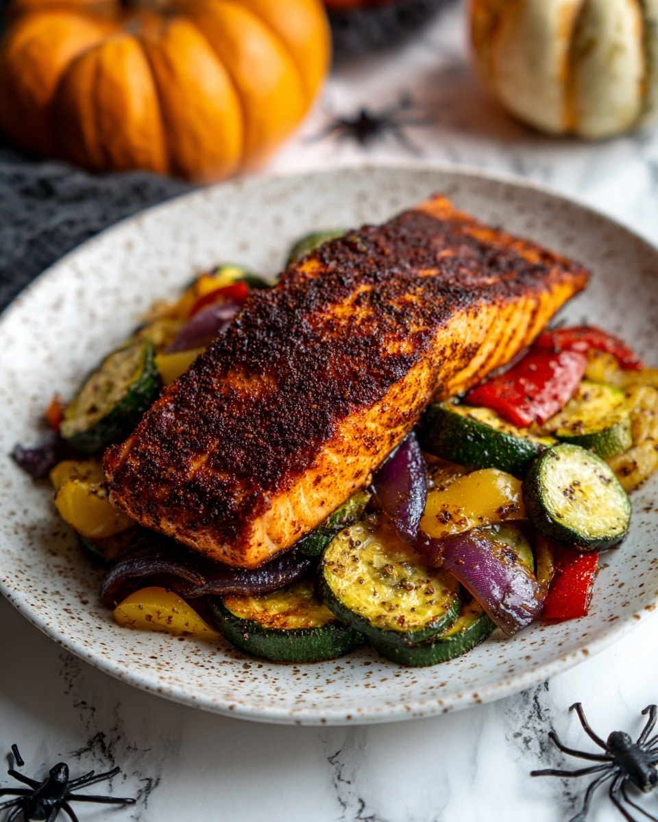 A white plate holds a thick, square-shaped piece of salmon with a dark, peppered crust on top, placed in the center. Below the salmon, there is a layer of colorful grilled vegetables including round, light green zucchini slices with brown grill marks, red and yellow bell pepper strips, and slivers of purple onion. The vegetables are scattered around and beneath the salmon, showing their charred textures and bright colors. The plate is set on a white marbled surface with a small orange pumpkin nearby, and a black cloth is partially visible next to the plate. Photo taken with an iphone --ar 4:5 --v 7