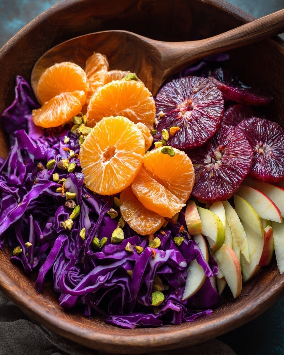A close-up view of a salad in a round wooden bowl filled with large, rough tear pieces of deep purple cabbage as the base layer. On top, thin, round slices of bright orange and dark red citrus fruits are scattered, adding vibrant color contrast. Small chunks of light beige fruit pieces are spread evenly over the cabbage and citrus, with bits of green pistachios and finely chopped fresh herbs sprinkled all over. The textures show the cabbage as crisp and glossy, while the citrus slices look juicy and slightly shiny from light reflecting off them. The salad has a fresh and colorful look, all set against a white marbled background. photo taken with an iphone --ar 4:5 --v 7