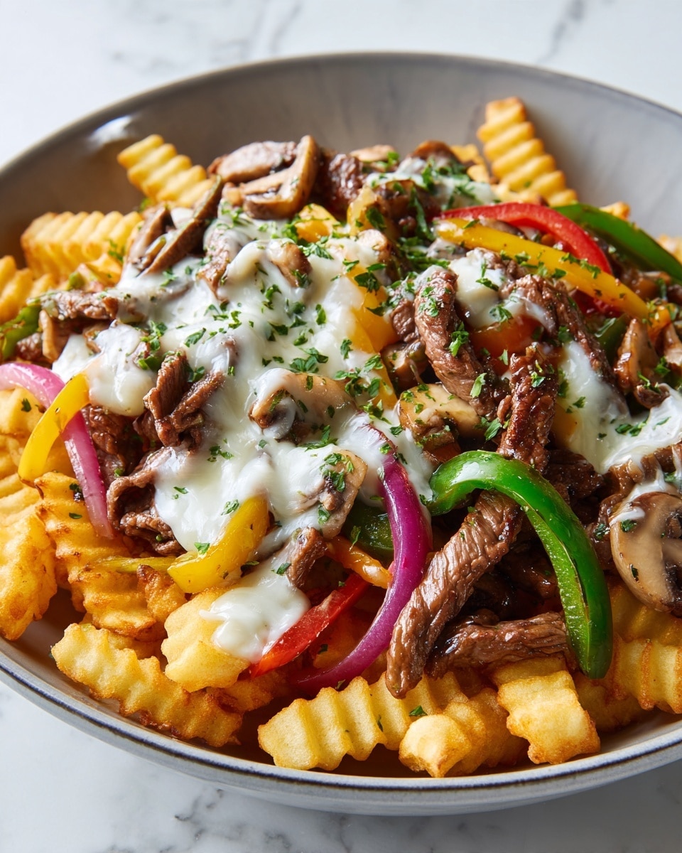 A close-up of a dish with three main layers: the bottom layer is golden crinkle-cut fries spread evenly, the middle layer has grilled strips of brown steak mixed with sautéed green, red, and yellow bell pepper slices, sliced mushrooms, and red onion wedges, and the top layer is melted light cream cheese sprinkled with small green chopped herbs. The dish is served on a rectangular black tray with a textured surface, placed on a white marbled texture background. The food looks hot and freshly cooked with a mix of soft, juicy, and slightly crispy textures. Photo taken with an iphone --ar 4:5 --v 7