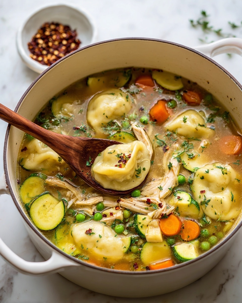 A close-up of a black pot filled with clear chicken broth soup containing several round, soft, light yellow dumplings floating on the surface. There are shredded pieces of white chicken meat, thick slices of bright orange carrots, and green round peas mixed in the soup. Thick slices of green zucchini with pale yellow centers are scattered throughout. The soup is sprinkled with green herb pieces and small red spices. A wooden spoon is gently lifting one dumpling with some chicken and carrot pieces from the pot. The pot sits on a white marbled textured surface with fresh green herb sprigs nearby. Photo taken with an iphone --ar 4:5 --v 7