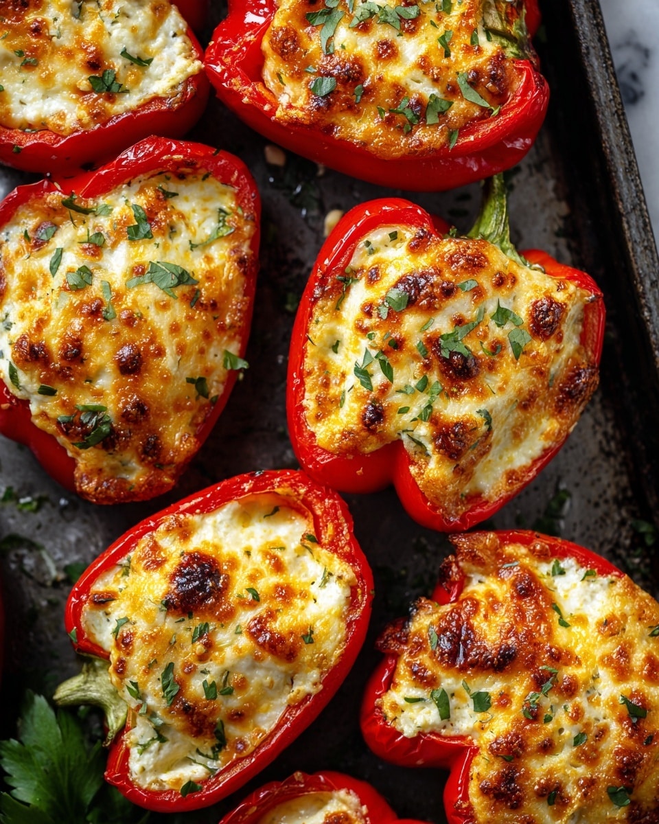 The image shows eight red pepper halves filled with a creamy, golden-brown cheese topping that is slightly browned and bubbly on the surface. The peppers have a smooth, shiny skin and are placed in two loose rows on a dark baking tray. Each stuffed pepper is sprinkled with small green herb pieces, adding contrast to the warm yellow cheese and bright red peppers. The background is blurred, focusing attention on the peppers, and hints of green leaves can be seen around the tray. photo taken with an iphone --ar 4:5 --v 7