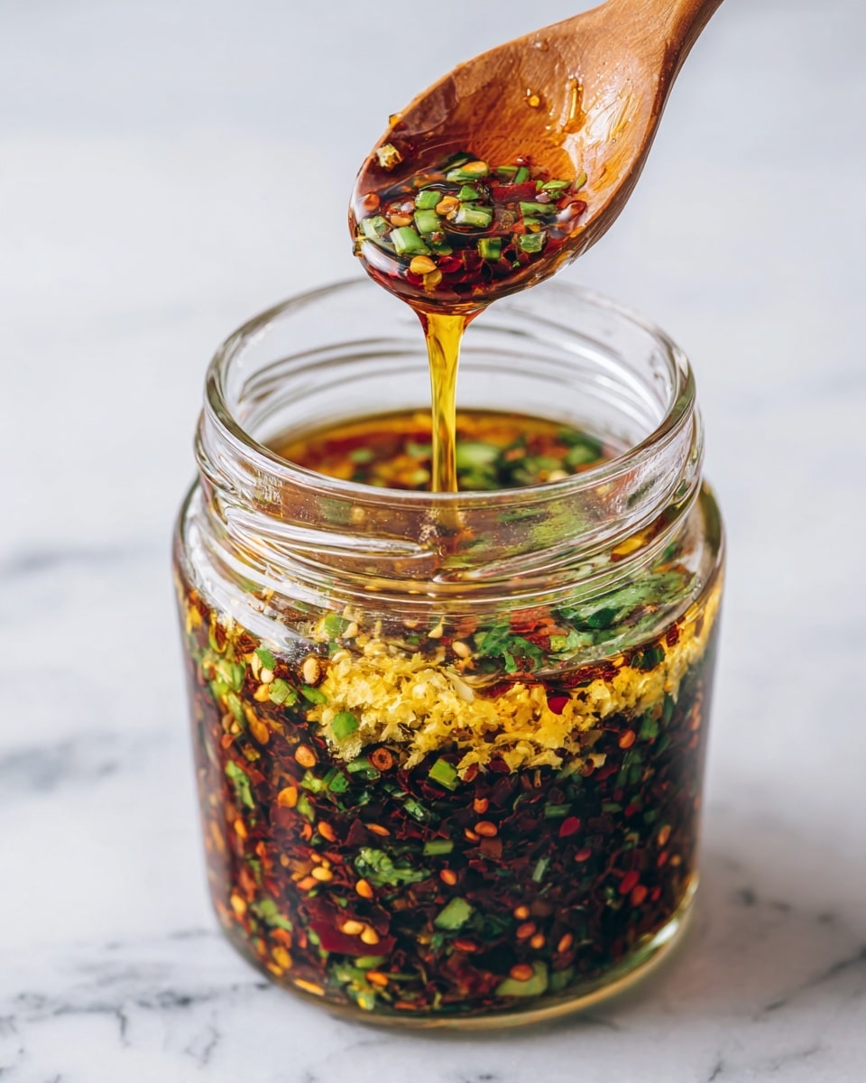 A clear round glass jar filled with a spicy sauce made of dark red chili oil at the bottom mixed with abundant chopped green onions and red chili flakes spread throughout, topped with a small mound of finely grated light yellow ginger. A wooden spoon above the jar drips thick golden oil mixed with green onion pieces and red chili flakes back into the sauce. The jar sits on a white marbled surface. photo taken with an iphone --ar 4:5 --v 7