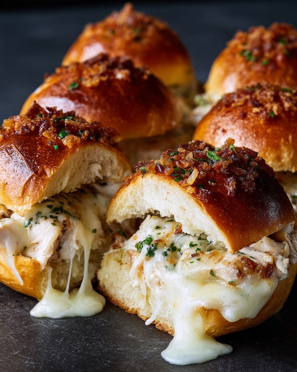 The image shows four toasted sandwich buns on a white marbled surface, each cut and filled with grilled chicken pieces and melted creamy white cheese. The buns have a dark golden-brown crust topped with small crunchy bits, and the cheese is melted, thick, and stretchy, oozing slightly out of the buns. The grilled chicken inside has a light brown color with some charred marks, giving a textured look. One sandwich is opened wide with cheese stretching between the two halves, and the other three sandwiches are closed but show melted cheese spilling from the edges. The background is blurred, focusing on the sandwiches with warm lighting, making the cheese and bread appear shiny and inviting. photo taken with an iphone --ar 4:5 --v 7