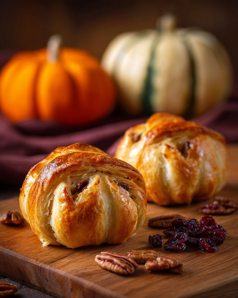 Two small baked pastries with a golden, flaky crust sit on a wooden surface surrounded by scattered pecans and dried cranberries. One pastry stands upright with layers of puff pastry twisted to form a tall shape, showing a pale beige inside. The other pastry lies on its side, round and slightly flattened, with a similarly textured crust revealing small gaps and folds. In the background, there are two pumpkins, one bright orange and the other pale with green stripes. The overall scene has warm, autumn colors. Photo taken with an iphone --ar 4:5 --v 7