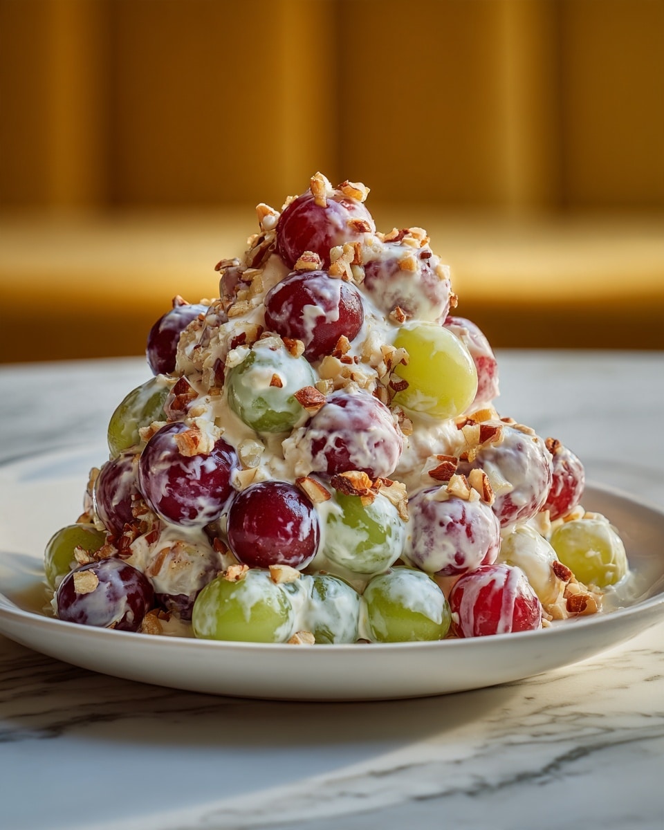 The image shows a small mound of mixed grapes on a white plate, placed on a white marbled surface. The grapes are a mix of green, red, and dark purple colors, all covered in a creamy, light sauce that gives a shiny texture. Small pieces of chopped nuts are sprinkled on top, adding a rough texture and light brown color contrast over the smooth grapes. The grapes are stacked unevenly, creating layers of fruit and sauce with the nuts mostly on the top layer. The background is softly blurred wood color, making the grapes the main focus. photo taken with an iphone --ar 4:5 --v 7