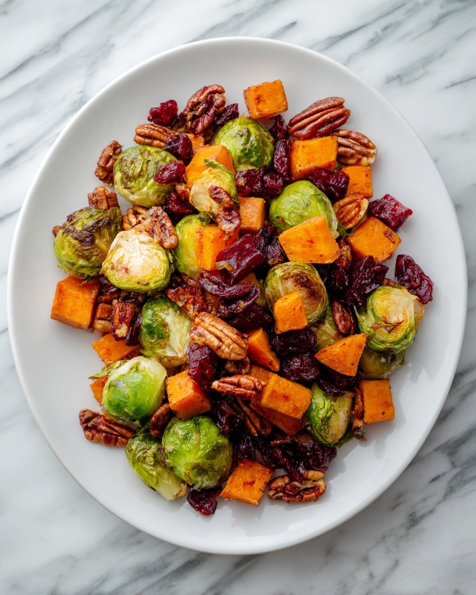 A white plate is filled with a colorful mix of roasted vegetables and nuts. The first layer consists of green Brussels sprouts with some charred edges showing a crispy texture. Scattered around them are medium-sized orange cubes of sweet potatoes, and small dark red cubes that look like roasted beets. Among these vegetables, whole pecans add a deep brown color and a smooth, shiny surface. There are also dark red dried cranberries that give pops of bright color and texture. The plate is placed on a white marbled surface. photo taken with an iphone --ar 4:5 --v 7