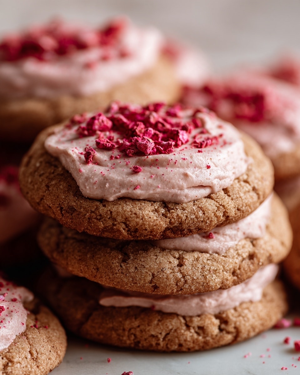 The image shows a close-up view of round cookies stacked on a white marbled surface. Each cookie has a light brown crispy base layer with visible cracks and a slightly rough texture. The top layer is coated with a smooth, pale pink icing that lightly covers most of the cookies, showing some spots where the icing is thin. Scattered over the pink icing are small, bright red crumb-like pieces, adding a rough texture to the top. The cookies are stacked unevenly and fill the entire frame with a soft pink and red color contrast on the brown base. photo taken with an iphone --ar 4:5 --v 7