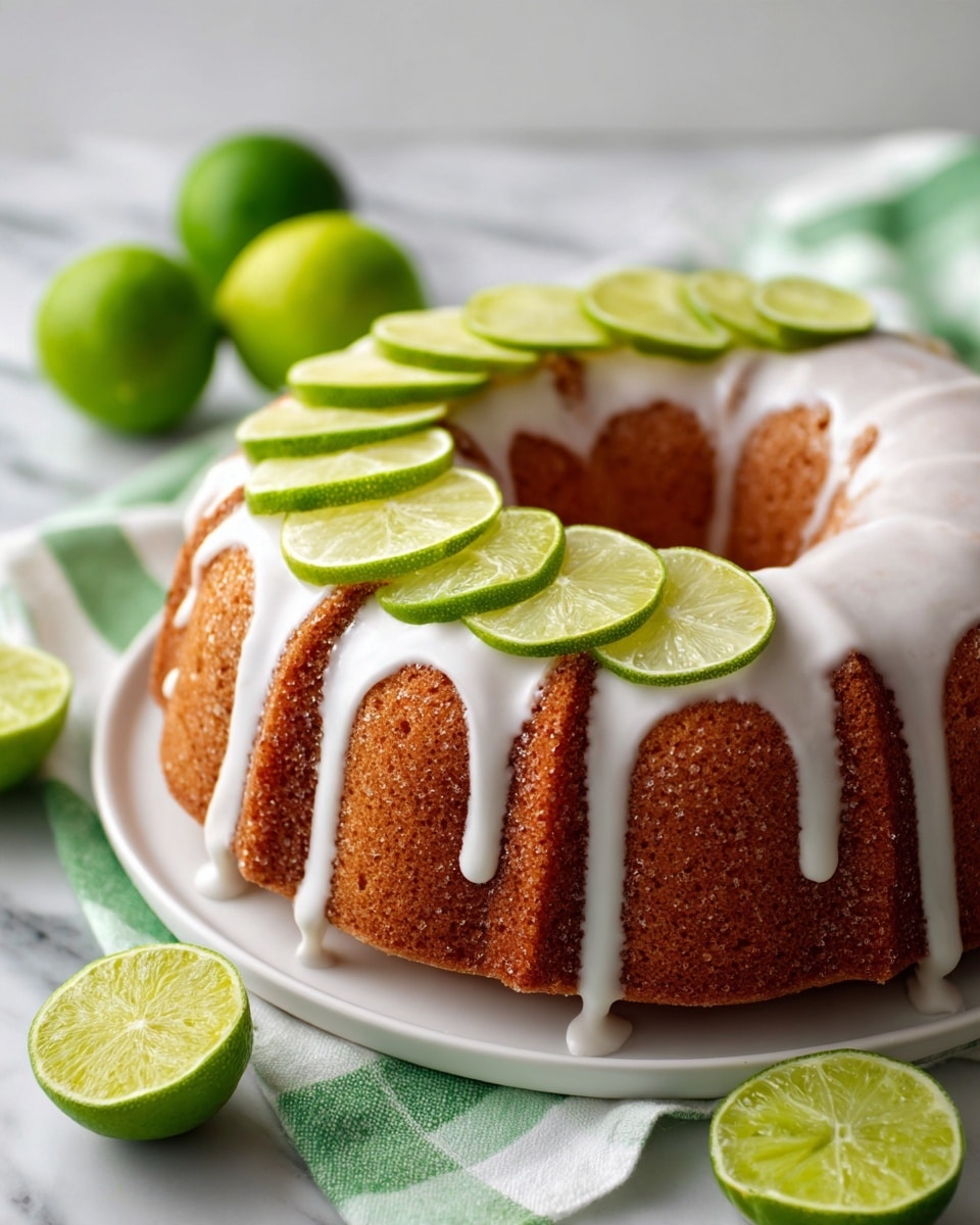 A tall ring-shaped bundt cake with a golden brown textured surface sits on a white marbled table. The cake is topped with a thick layer of smooth white icing that drips down the sides unevenly. On top of the icing, thin round green lime slices are neatly arranged in a curved line along one side. Scattered around the cake are finely grated lime zest adding bright green specks on the icing and table. Whole and halved fresh green limes are placed around the cake, along with a light striped cloth loosely draped nearby. Photo taken with an iphone --ar 4:5 --v 7