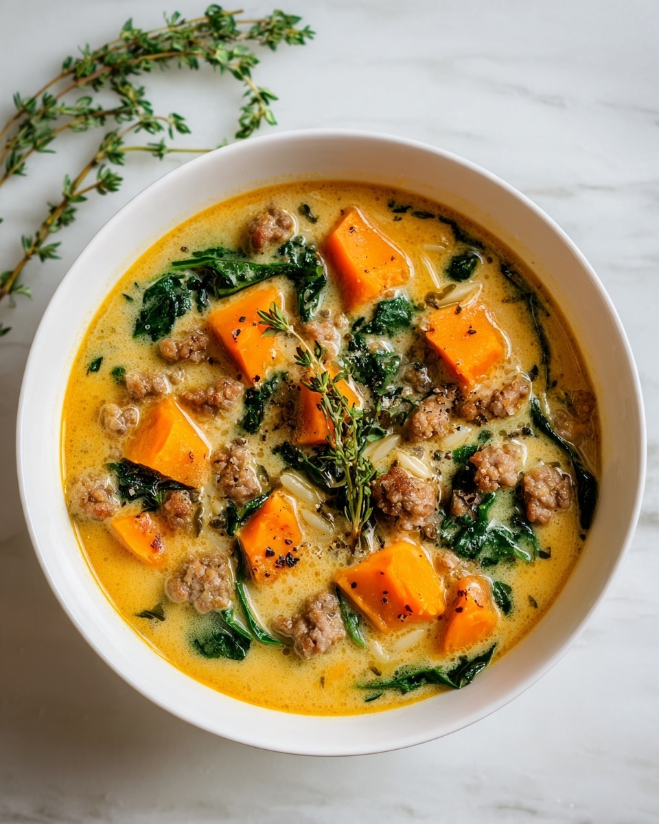 A white bowl filled with a creamy soup showing several layers: the bottom layer is a light orange creamy broth with a smooth texture; floating in the broth are chunks of bright orange sweet potato, small brown sausage pieces, white orzo pasta, and green spinach leaves. Small sprigs of fresh thyme are scattered on top, adding a touch of green. The bowl sits on a white marbled surface with some fresh green herbs beside it. The image shows a close-up view focusing on the textures and colors of the soup ingredients, photo taken with an iphone --ar 4:5 --v 7