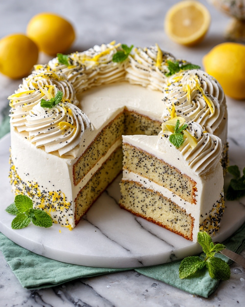 A round bundt cake is shown on a white marbled surface, with a thick, creamy white frosting piped in tall, smooth swirls around the top, each decorated with small black poppy seeds and thin yellow lemon zest strands. The cake itself is light golden brown with visible small black poppy seeds throughout its two thick layers. Two slices of the cake are cut and laid next to each other, showing the soft and moist texture inside. Small green mint leaves are placed on top of the frosting for decoration. Nearby are whole and halved bright yellow lemons, a green cloth, and a piping bag with white cream, all set against the white marbled background. photo taken with an iphone --ar 4:5 --v 7