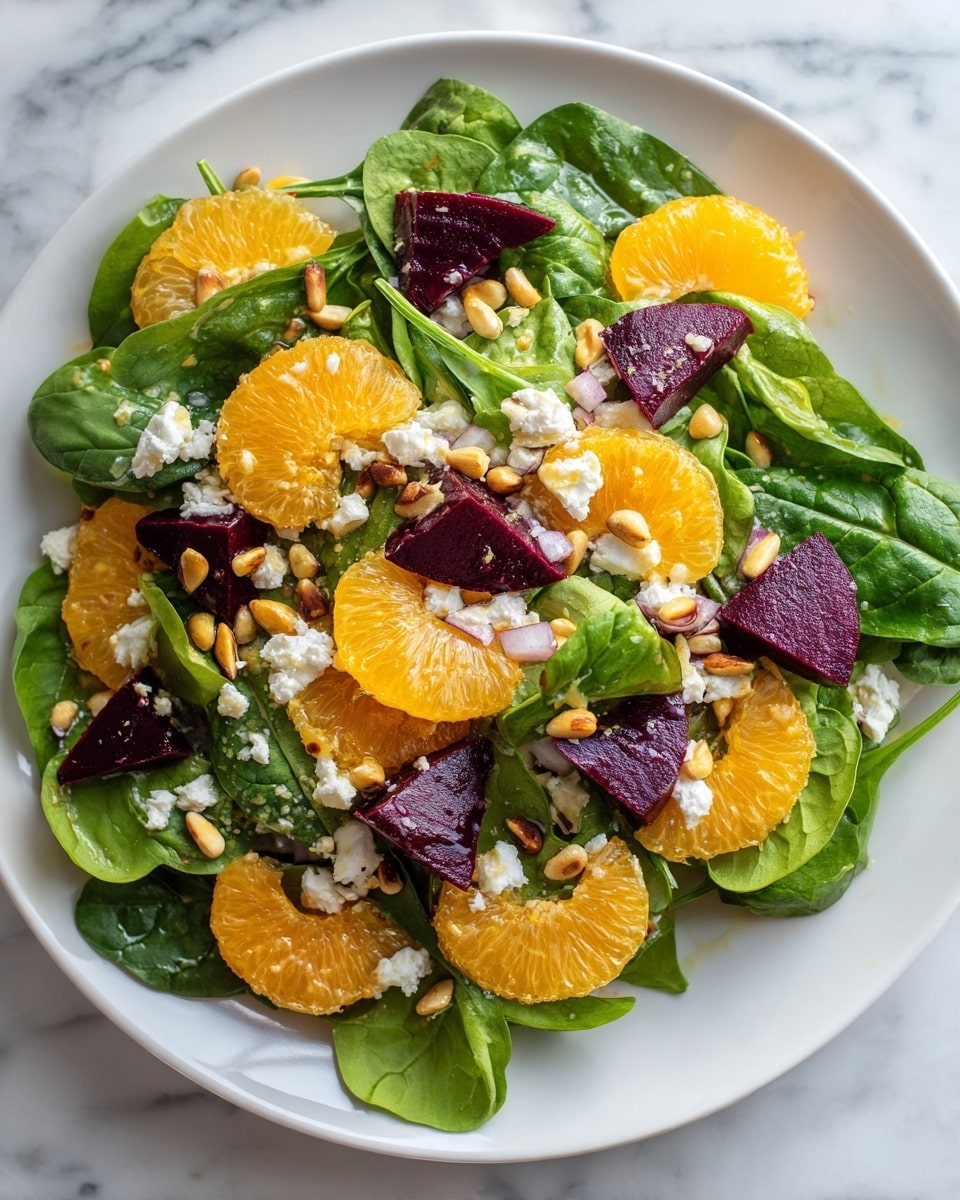 A white round plate holds a fresh salad with three visible layers. The bottom layer is bright green spinach leaves with a smooth texture and some natural curves. On top of this are medium-sized wedges of deep purple beetroot pieces with a slightly rough texture, scattered evenly. Mixed between these are sections of bright orange mandarin slices, glossy and shiny. Sprinkled all over are small, pale yellow pine nuts with a smooth surface and bits of white crumbled cheese. Tiny black pepper specks are spread lightly across the salad. The plate sits on a white marbled surface. photo taken with an iphone --ar 4:5 --v 7