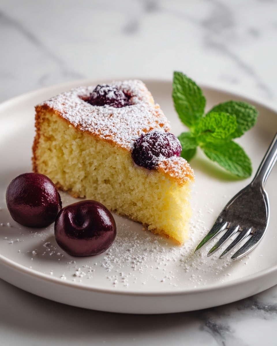 A single slice of light yellow cake with a soft, crumbly texture, topped with dark red cherries embedded on the top layer lightly dusted with white powdered sugar; the slice sits on a white plate with a fresh green mint leaf and two whole dark red cherries near it, a silver fork rests to the right on the plate, all placed on a white marbled surface photo taken with an iphone --ar 4:5 --v 7