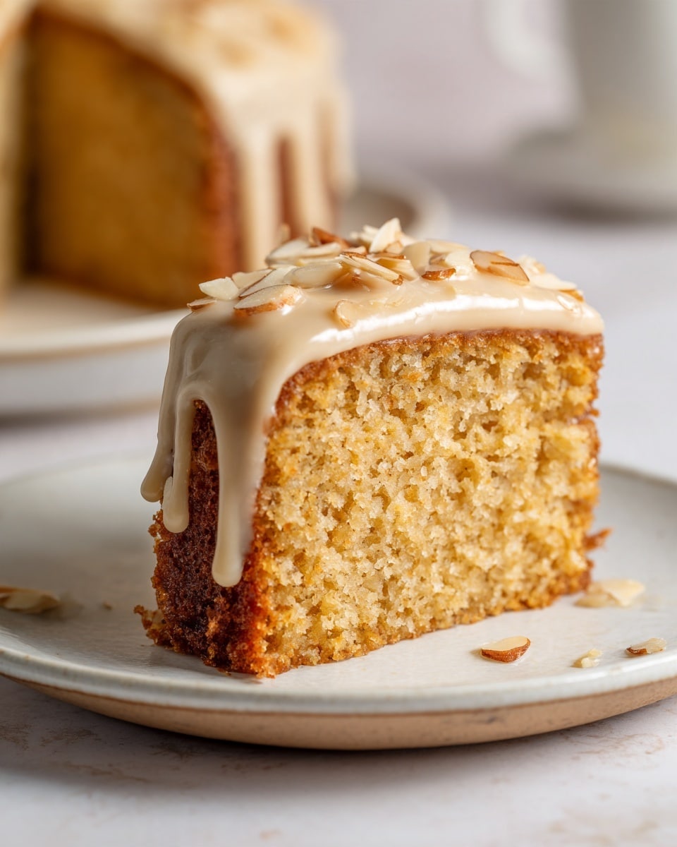 The image shows a slice of two-layer cake placed on a white plate with a textured surface. The bottom layer is a deep golden brown, dense cake with a slightly crumbly texture. The top layer is lighter beige, with a softer texture. Over the cake, a thick drizzle of light beige glaze runs down the sides, pooling on the plate. Thin almond slices are scattered on top of the slice, partially covered by the glaze. In the background, part of the whole cake with the same layer colors and glaze is visible. The setting has a white marbled texture surface. Photo taken with an iphone --ar 4:5 --v 7